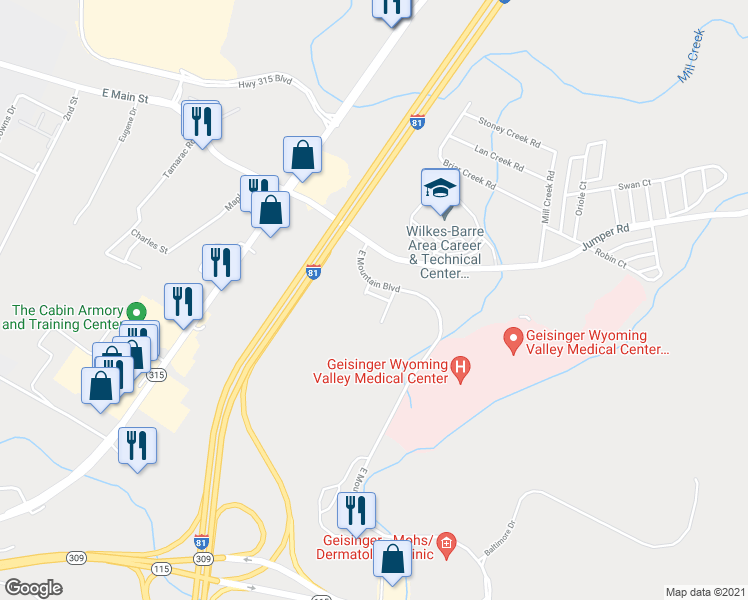 map of restaurants, bars, coffee shops, grocery stores, and more near 101 East Mountain Boulevard in Wilkes-Barre