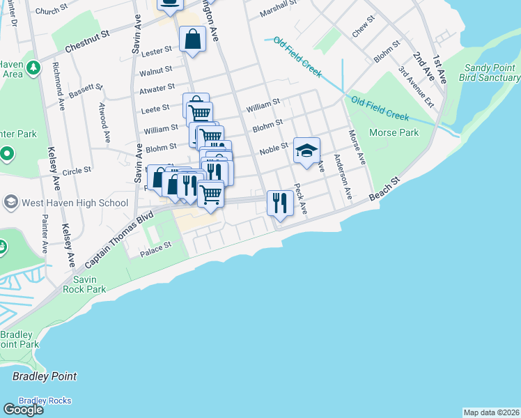map of restaurants, bars, coffee shops, grocery stores, and more near 212 West Walk in West Haven