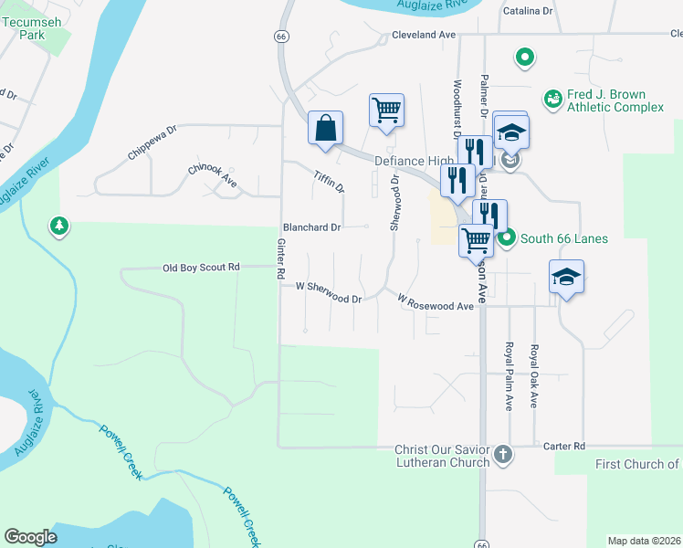 map of restaurants, bars, coffee shops, grocery stores, and more near 326 West Sherwood Drive in Defiance