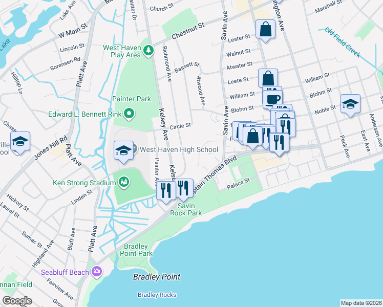 map of restaurants, bars, coffee shops, grocery stores, and more near 41 Richmond Avenue in West Haven