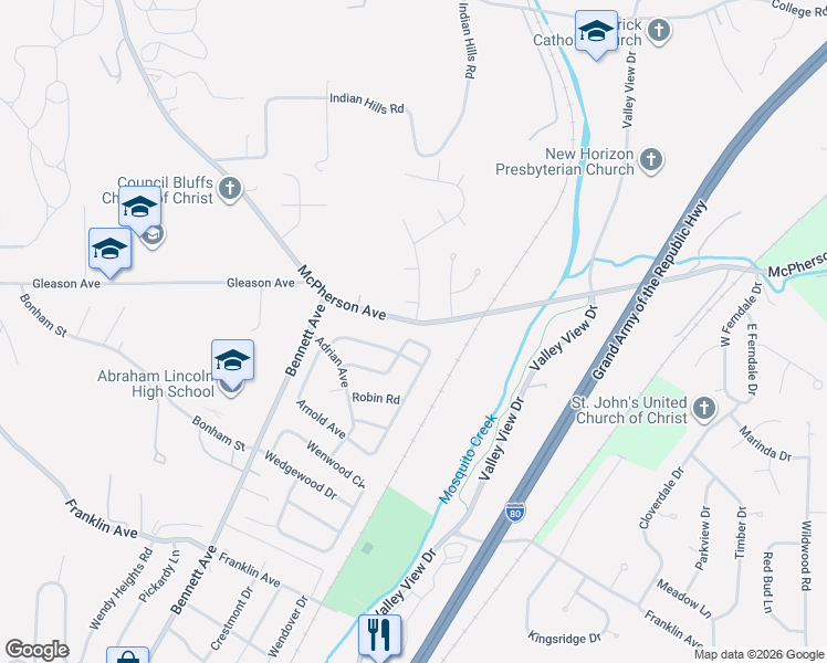 map of restaurants, bars, coffee shops, grocery stores, and more near 101 Arnold Avenue in Council Bluffs