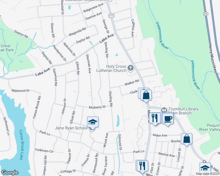 map of restaurants, bars, coffee shops, grocery stores, and more near Sterling Road in Trumbull