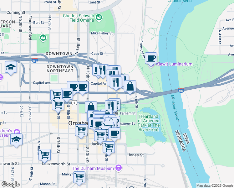 map of restaurants, bars, coffee shops, grocery stores, and more near 109 South 10th Street in Omaha