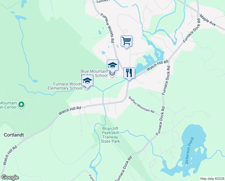 map of restaurants, bars, coffee shops, grocery stores, and more near 253A Watch Hill Road in Cortlandt