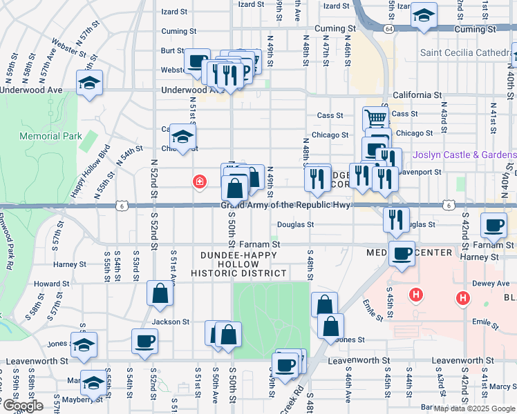 map of restaurants, bars, coffee shops, grocery stores, and more near in Omaha