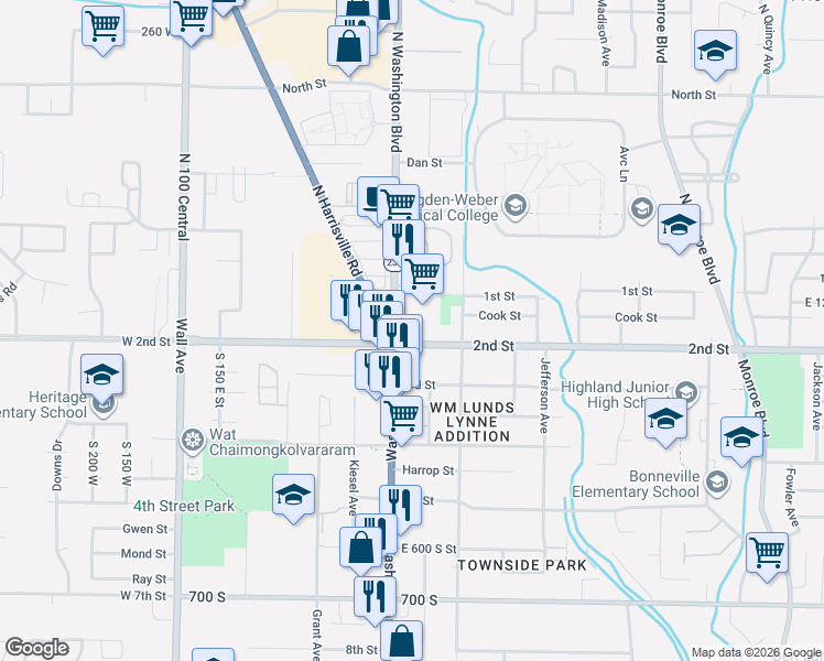 map of restaurants, bars, coffee shops, grocery stores, and more near 420 2nd Street in Ogden