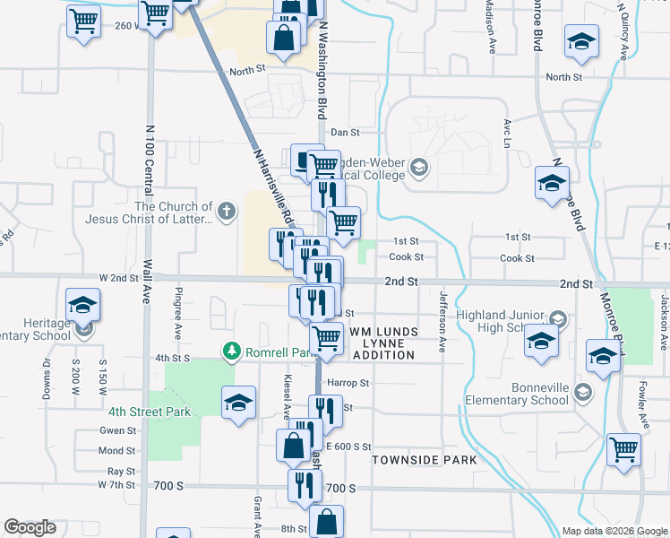 map of restaurants, bars, coffee shops, grocery stores, and more near 420 2nd Street in Ogden