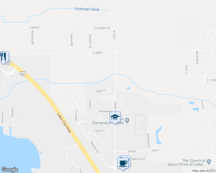 map of restaurants, bars, coffee shops, grocery stores, and more near 315 Sophie Lane in Warsaw