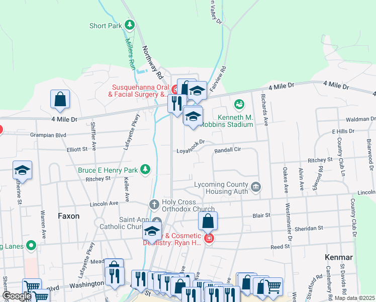 map of restaurants, bars, coffee shops, grocery stores, and more near 1801 Loyalsock Drive in Williamsport