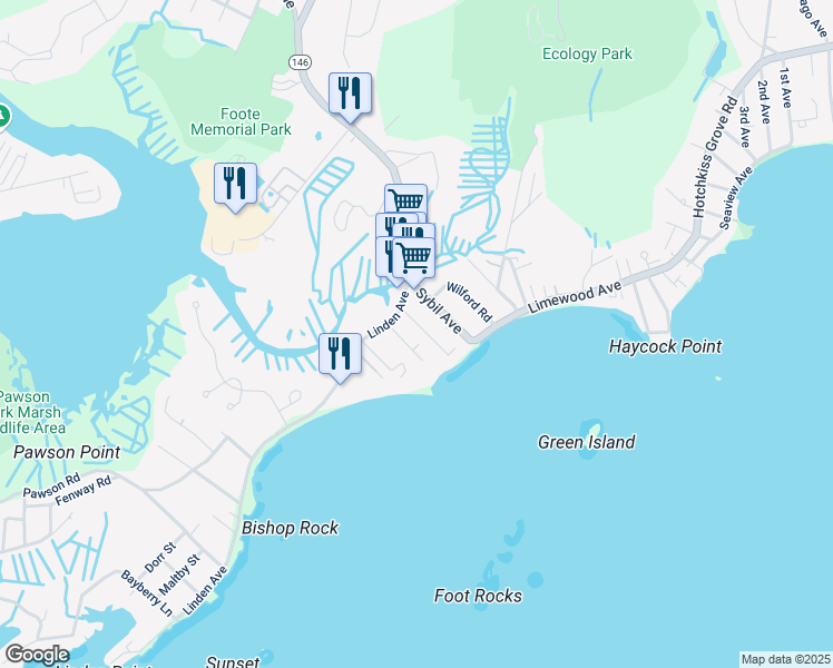 map of restaurants, bars, coffee shops, grocery stores, and more near 33 Sound View Heights in Branford
