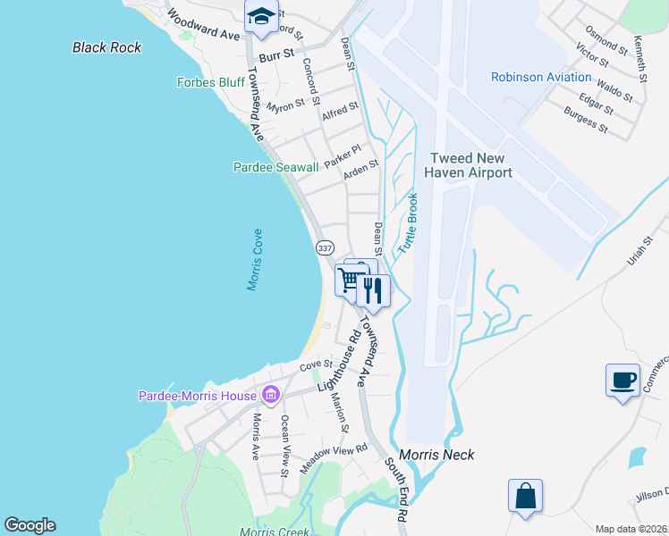 map of restaurants, bars, coffee shops, grocery stores, and more near 57 Townsend Avenue in New Haven