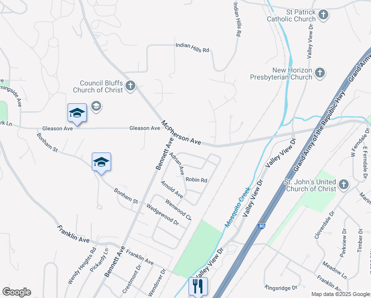 map of restaurants, bars, coffee shops, grocery stores, and more near 14 Arnold Avenue in Council Bluffs