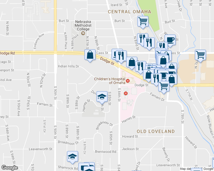 map of restaurants, bars, coffee shops, grocery stores, and more near 8514 Douglas Street in Omaha