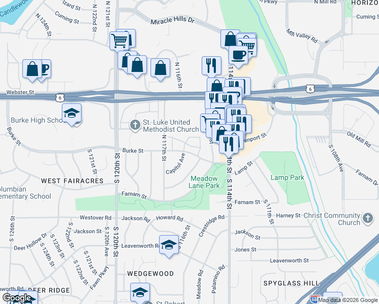 map of restaurants, bars, coffee shops, grocery stores, and more near 11659 Capitol Avenue in Omaha