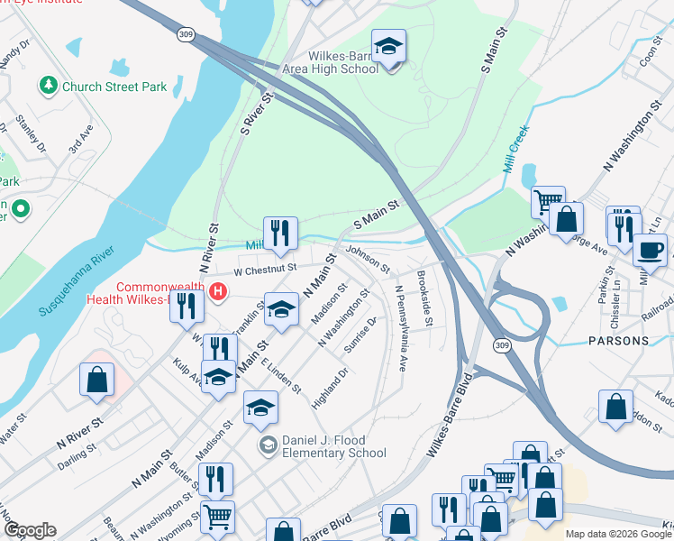 map of restaurants, bars, coffee shops, grocery stores, and more near 531-599 Madison Street in Wilkes-Barre