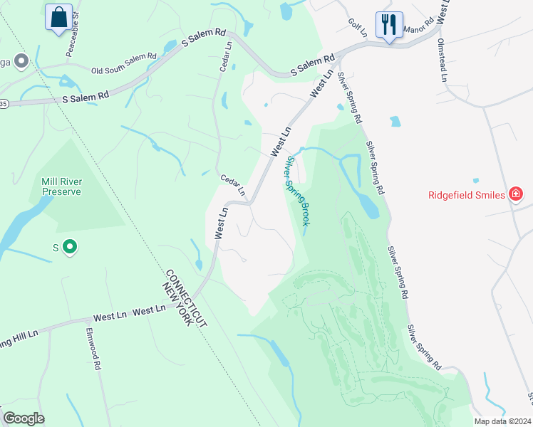 map of restaurants, bars, coffee shops, grocery stores, and more near 31 Country Club Road in Ridgefield