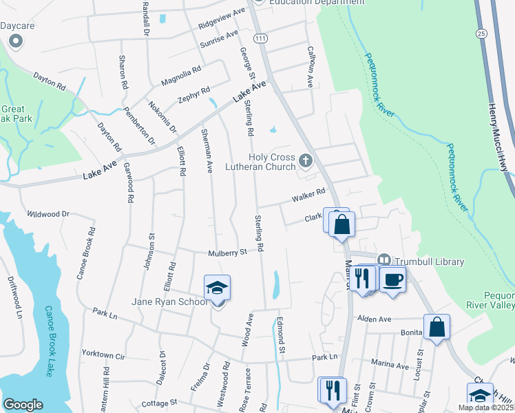 map of restaurants, bars, coffee shops, grocery stores, and more near 139 Sterling Road in Trumbull