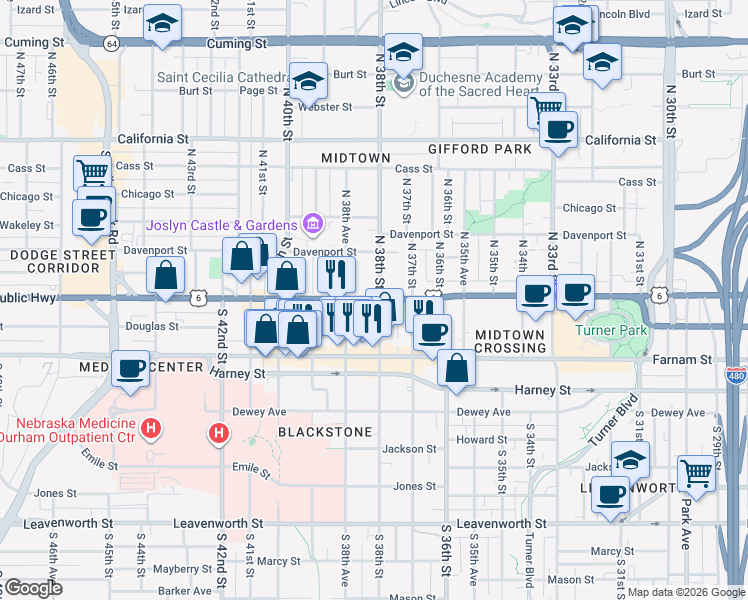 map of restaurants, bars, coffee shops, grocery stores, and more near 102 South 38th Street in Omaha