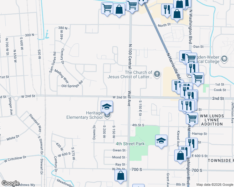 map of restaurants, bars, coffee shops, grocery stores, and more near 152 West 2nd Street in Ogden