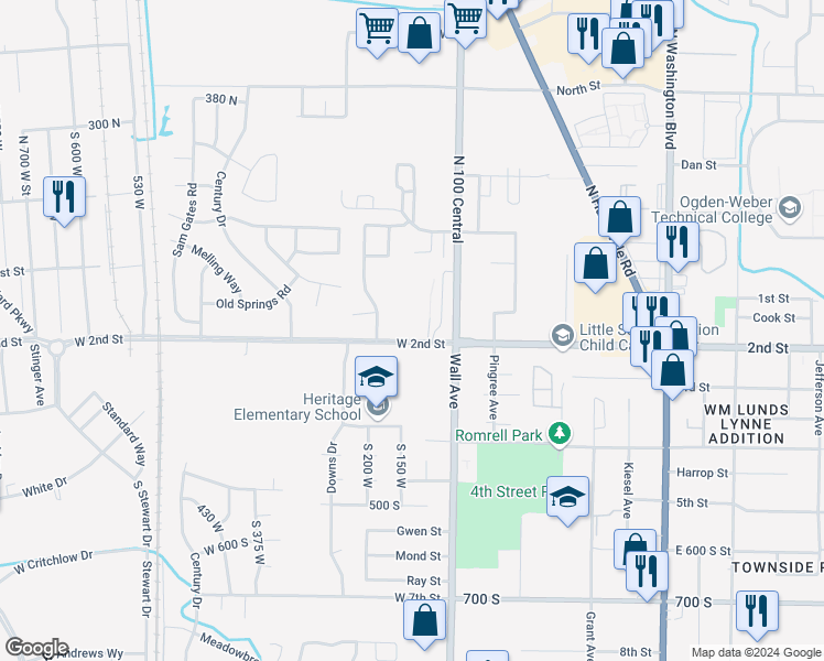 map of restaurants, bars, coffee shops, grocery stores, and more near 152 West 2nd Street in Ogden