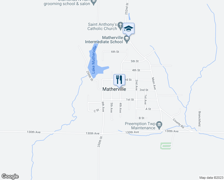 map of restaurants, bars, coffee shops, grocery stores, and more near in Matherville
