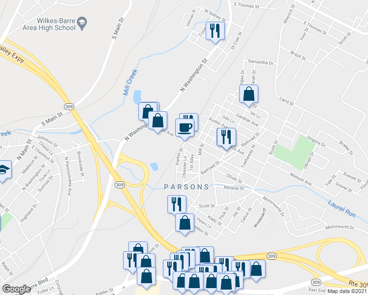 map of restaurants, bars, coffee shops, grocery stores, and more near 120 Mill Street in Wilkes-Barre