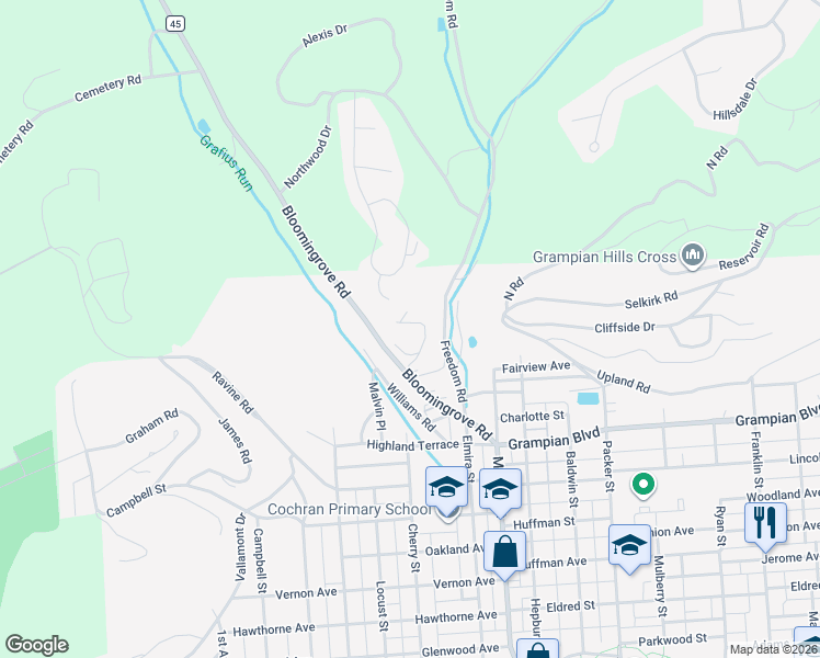 map of restaurants, bars, coffee shops, grocery stores, and more near 1519 Evergreen Road in Williamsport