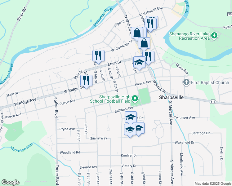 map of restaurants, bars, coffee shops, grocery stores, and more near 240 South 4th Street in Sharpsville