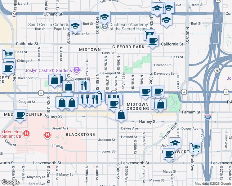 map of restaurants, bars, coffee shops, grocery stores, and more near Dodge St & N 36th St in Omaha