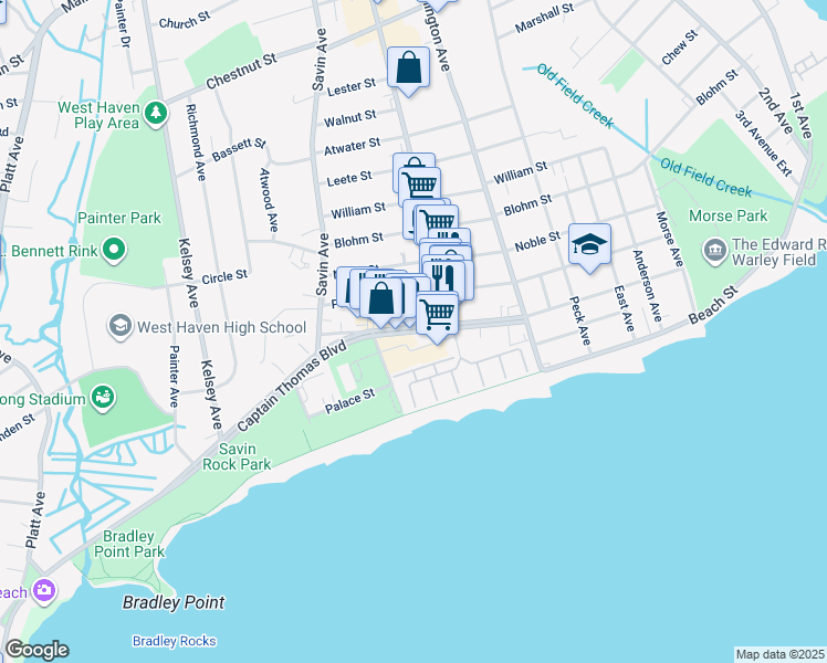 map of restaurants, bars, coffee shops, grocery stores, and more near 222 Captain Thomas Boulevard in West Haven