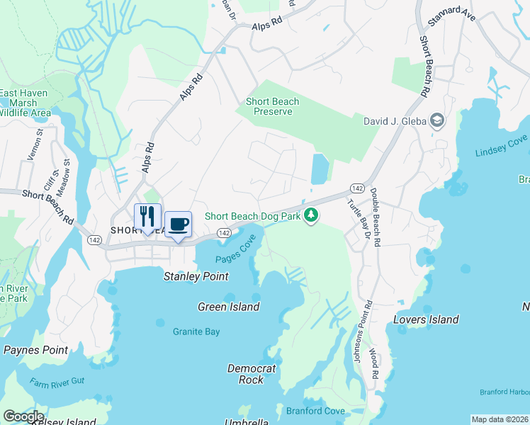 map of restaurants, bars, coffee shops, grocery stores, and more near 328 Shore Drive in Branford