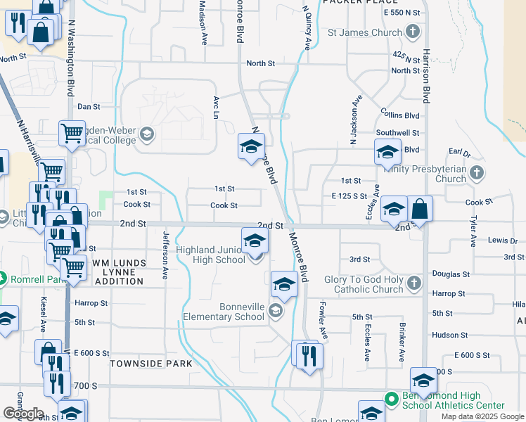 map of restaurants, bars, coffee shops, grocery stores, and more near 789 Utah 203 in Ogden