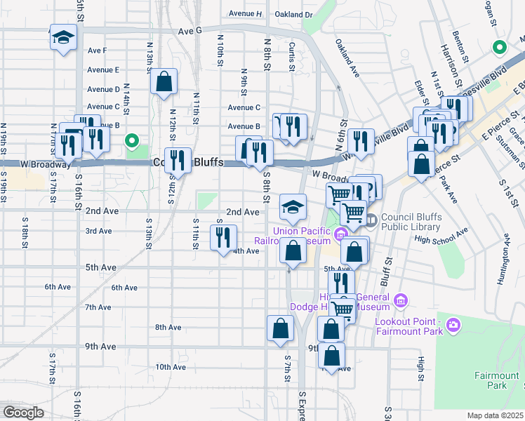 map of restaurants, bars, coffee shops, grocery stores, and more near in Council Bluffs