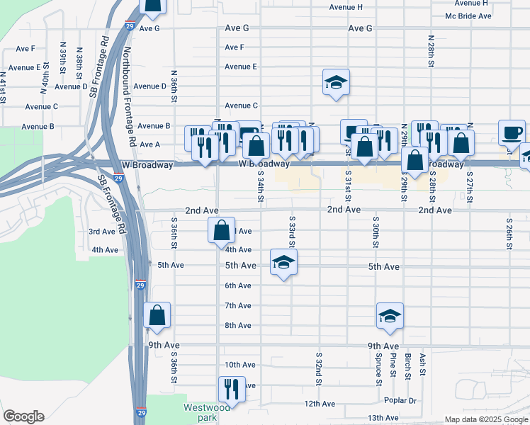 map of restaurants, bars, coffee shops, grocery stores, and more near 3400 3rd Avenue in Council Bluffs