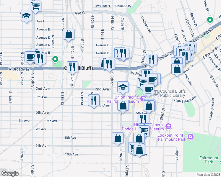 map of restaurants, bars, coffee shops, grocery stores, and more near in Council Bluffs