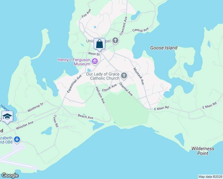 map of restaurants, bars, coffee shops, grocery stores, and more near 477 Ettrick Avenue in Fishers Island