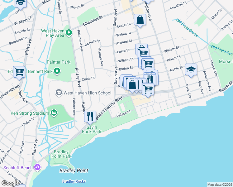map of restaurants, bars, coffee shops, grocery stores, and more near in West Haven