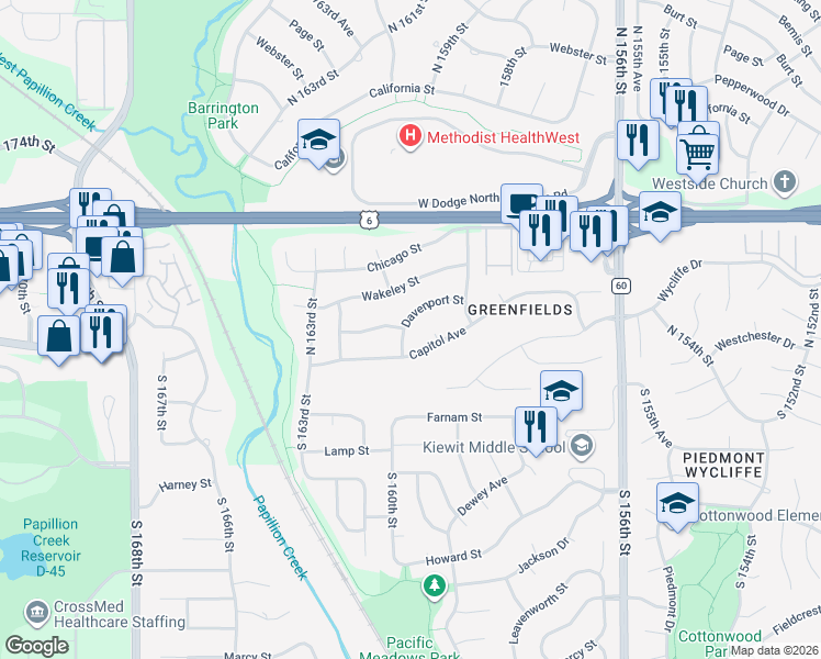 map of restaurants, bars, coffee shops, grocery stores, and more near 16138 Capitol Avenue in Omaha
