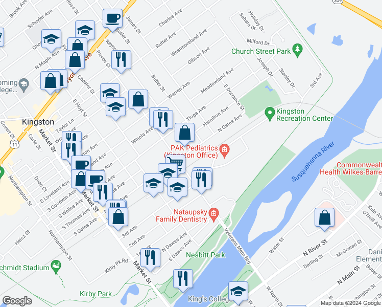 map of restaurants, bars, coffee shops, grocery stores, and more near 443 North Gates Avenue in Kingston