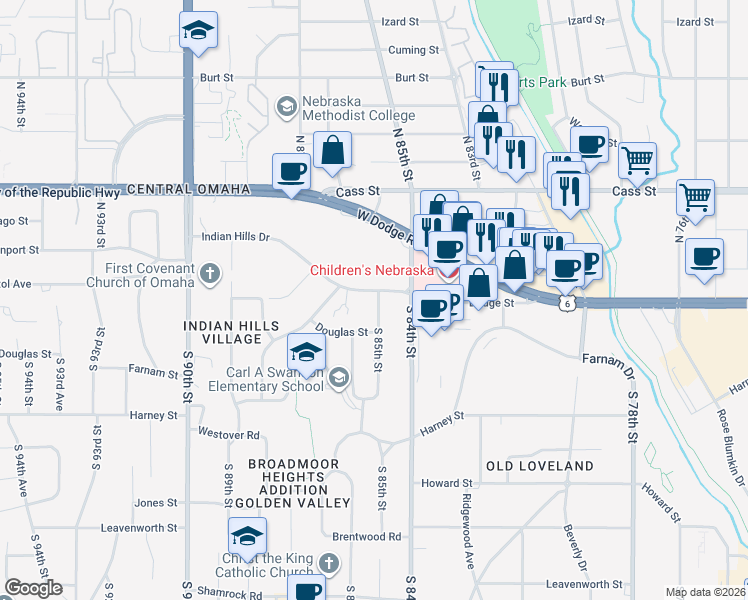 map of restaurants, bars, coffee shops, grocery stores, and more near 102 South 85th Street in Omaha