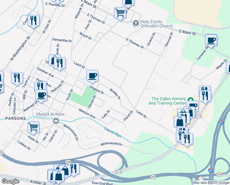 map of restaurants, bars, coffee shops, grocery stores, and more near 63 Brader Drive in Wilkes-Barre