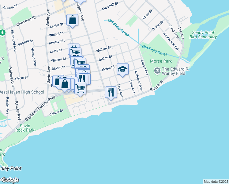 map of restaurants, bars, coffee shops, grocery stores, and more near 115 Thomas Street in West Haven