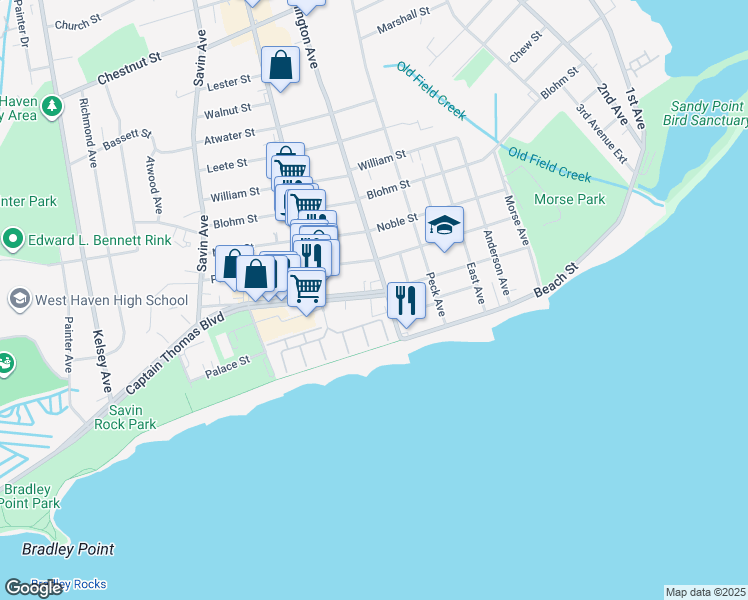 map of restaurants, bars, coffee shops, grocery stores, and more near 90 Washington Avenue in West Haven