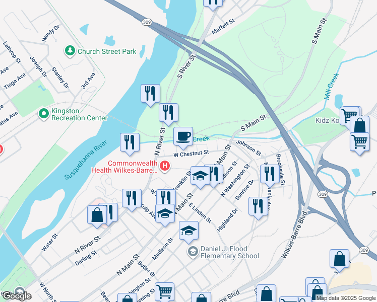 map of restaurants, bars, coffee shops, grocery stores, and more near 18 Juniper St in Wilkes-Barre