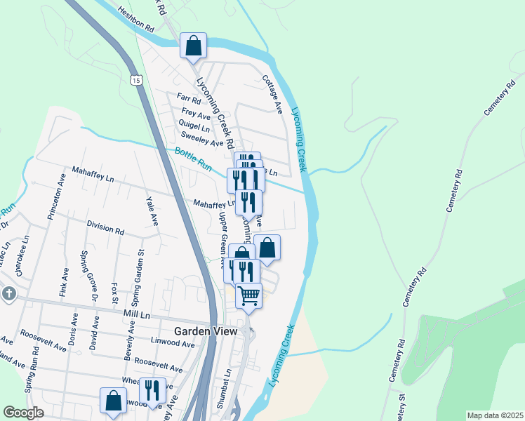 map of restaurants, bars, coffee shops, grocery stores, and more near Carmella Avenue in Williamsport