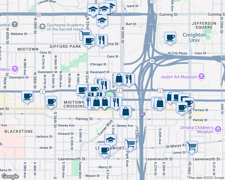 map of restaurants, bars, coffee shops, grocery stores, and more near 120 North 31st Street in Omaha