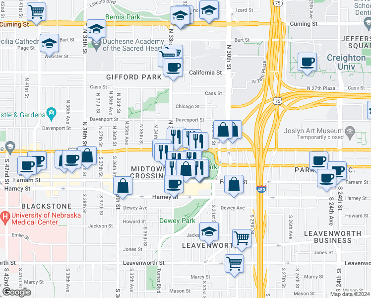 map of restaurants, bars, coffee shops, grocery stores, and more near 120-1/2 North 32nd Avenue in Omaha