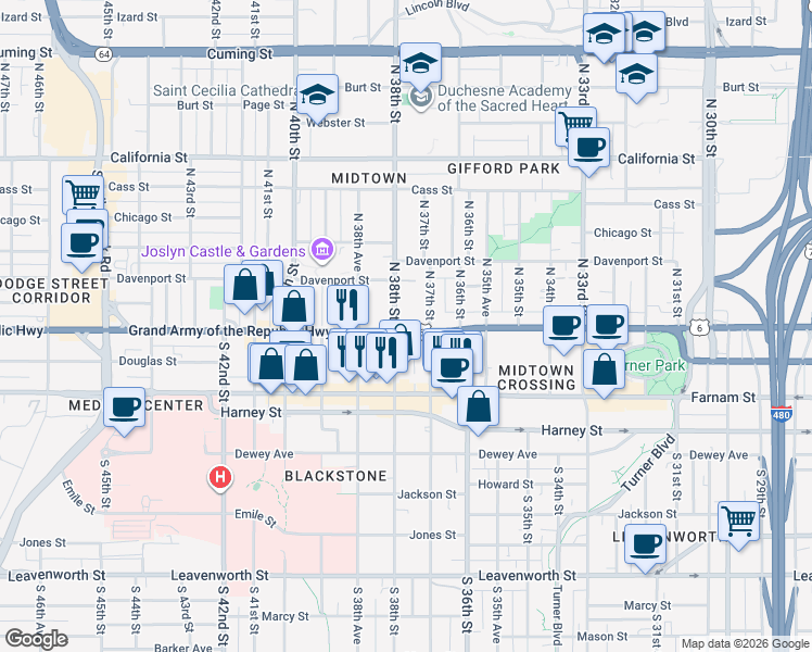 map of restaurants, bars, coffee shops, grocery stores, and more near 124 North 38th Street in Omaha