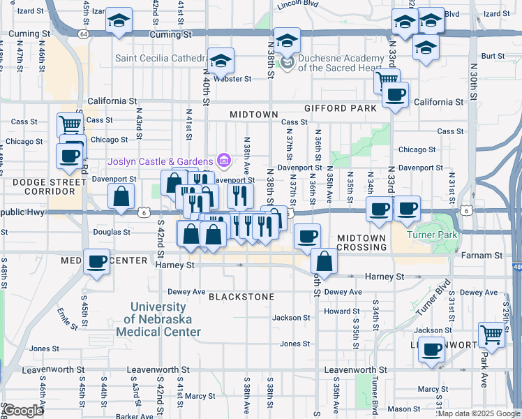 map of restaurants, bars, coffee shops, grocery stores, and more near 123 North 38th Avenue in Omaha