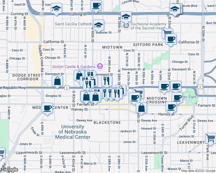map of restaurants, bars, coffee shops, grocery stores, and more near 123 North 38th Avenue in Omaha